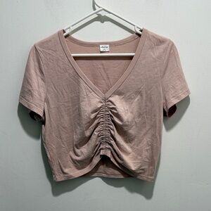 Aritzia Wilfred Levant V-Neck Ruched Crop Top in Soft Pink Size Medium